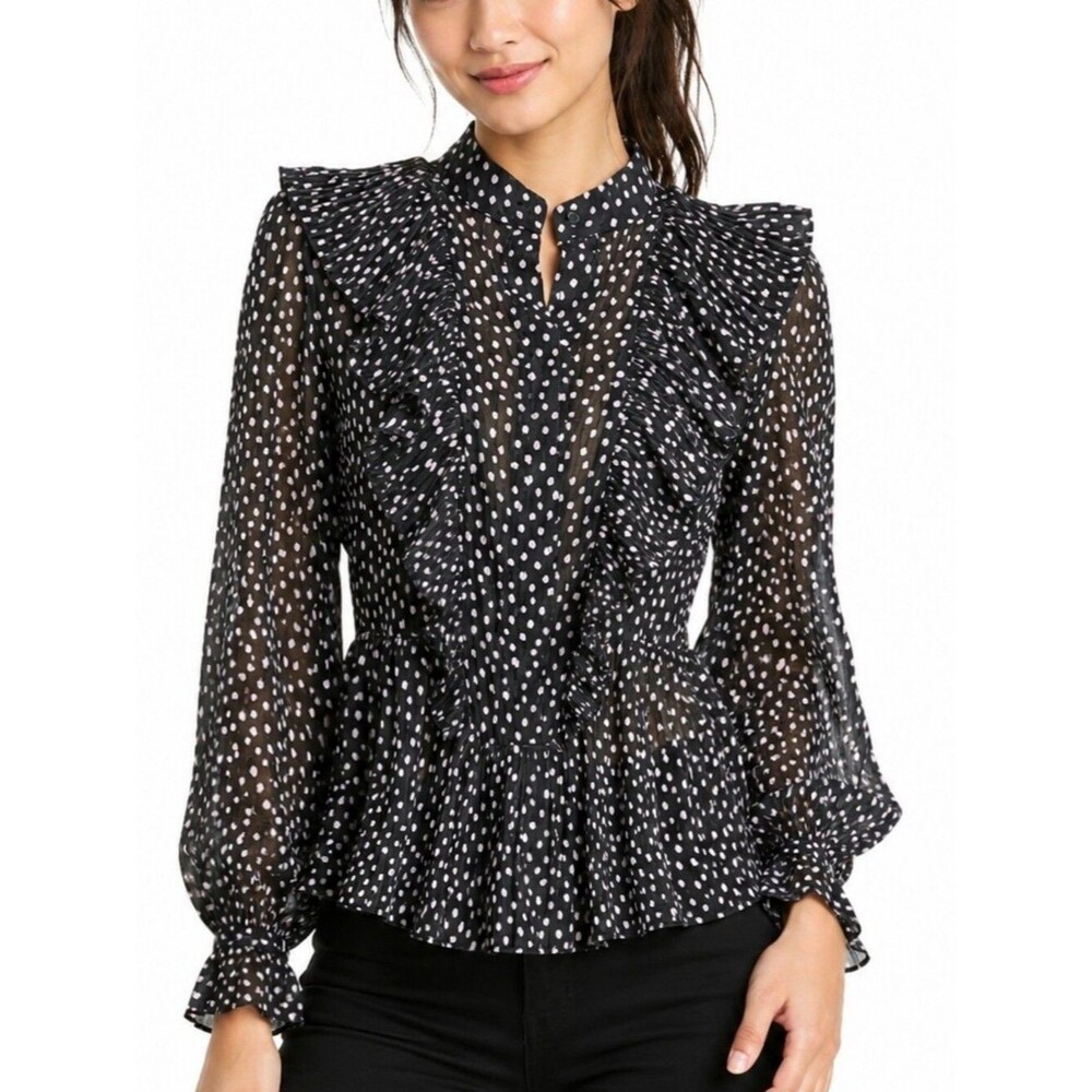 MNG Mango Black & White Polka Dot Sheer Ruffle Top Blouse Size 4